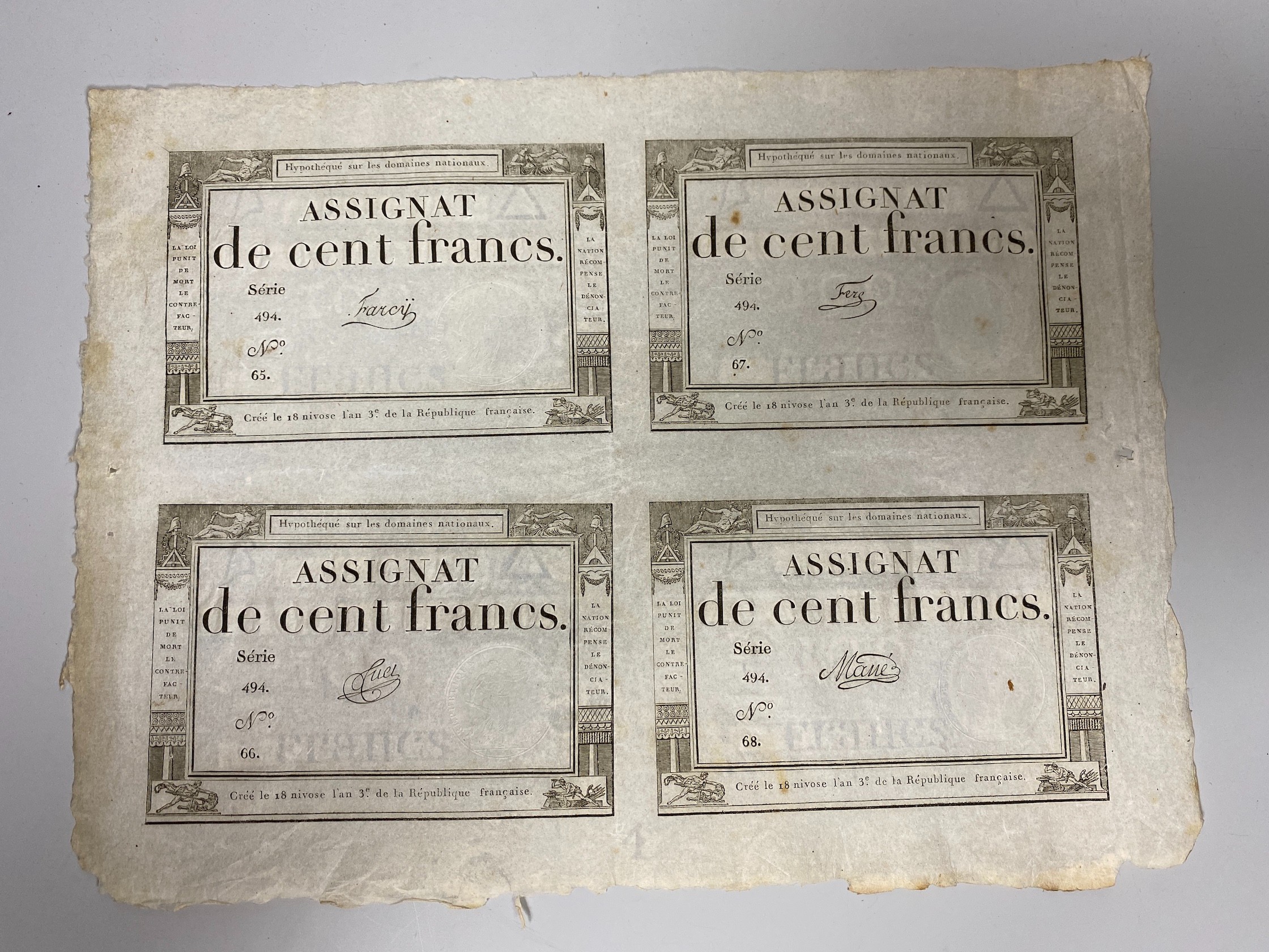 French Revolutionary banknotes, Republic Francaise, five uncut sheets of four Assignat de cent francs, 100 francs, 18 Nivose An III - 1795. (5 sheets)